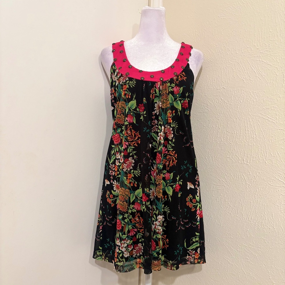 Vtg Y2K Hot Pink Black Botanical Floral Mesh Studded Sleeveless Long Tunic Top L